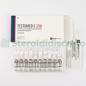 Flacone di TESTOMED C 250 (Testosterone Cypionate) di Deus Medical, utilizzato per aumentare i livelli di testosterone e la crescita muscolare