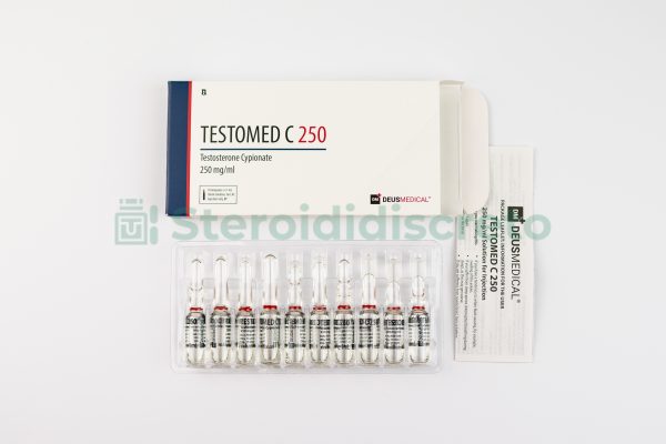 Flacone di TESTOMED C 250 (Testosterone Cypionate) di Deus Medical, utilizzato per aumentare i livelli di testosterone e la crescita muscolare