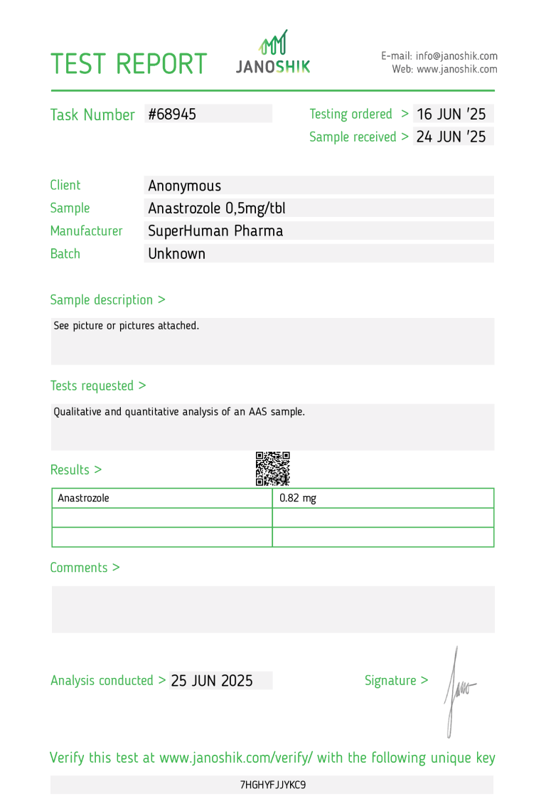 Questo è un test di laboratorio dell'Anastrozolo prodotto da Superhuman Pharma
