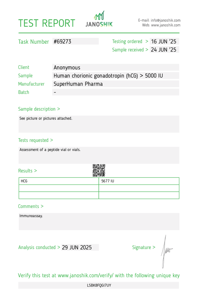 Questo è un test di laboratorio dell’HCG 5000 prodotto da Superhuman Pharma
