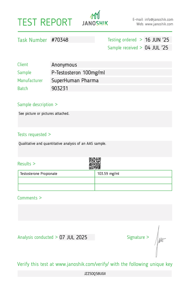 Test di laboratorio del Testosterone Propionato di Superhuman Pharma, con analisi della purezza e conferma dell'autenticità del principio attivo