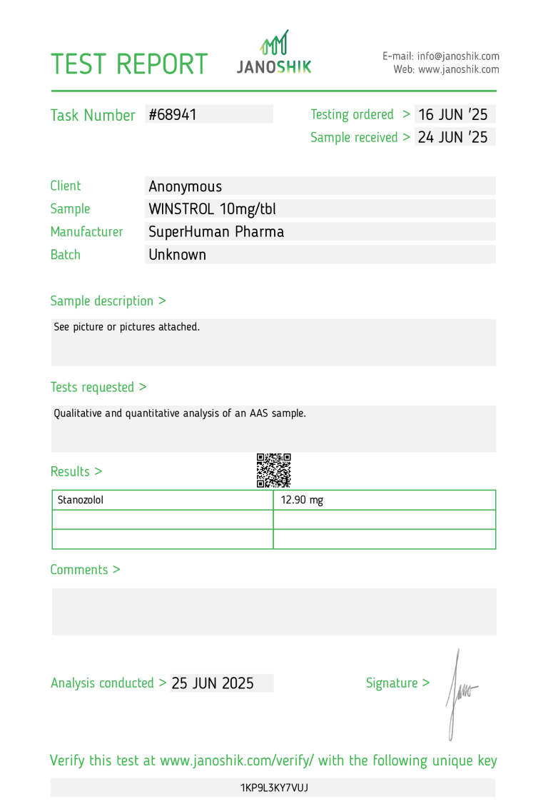 Questo è un test di laboratorio del Winstrol prodotto da Superhuman Pharma