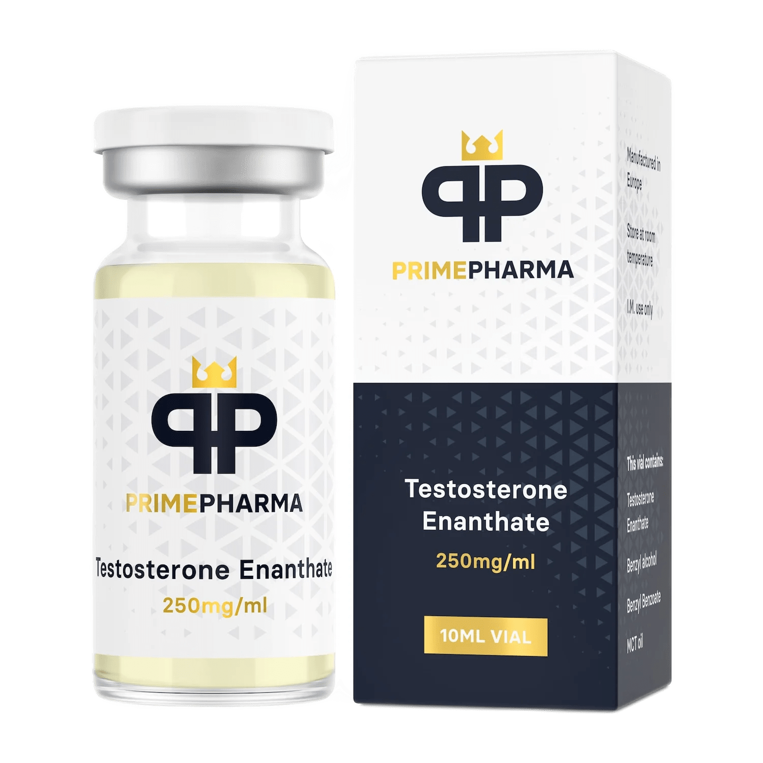 "Immagine di una fiala da 10 ml etichettata 'Testosterone Enanthate 250 mg/ml – Prime Pharma