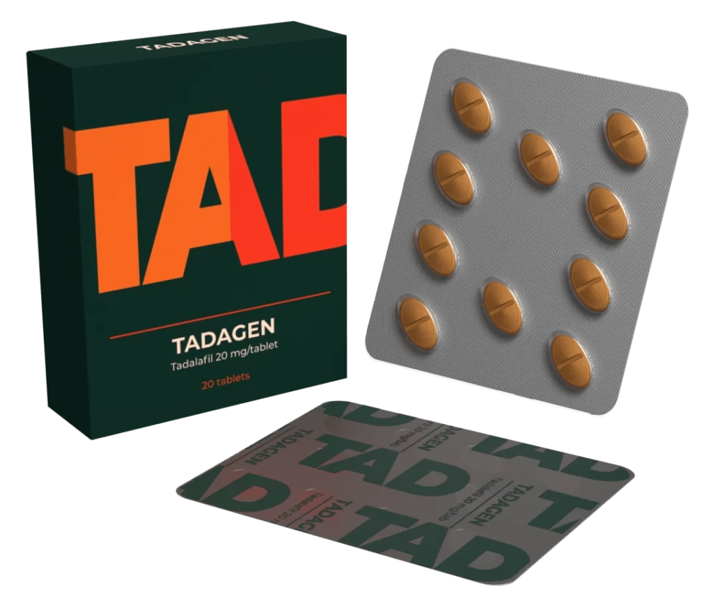 Tadagen 20 mg Tadalafil generico Cialis - Trattamento efficace per la disfunzione erettile, durata prolungata fino a 36 ore, confezione da 20 compresse orali